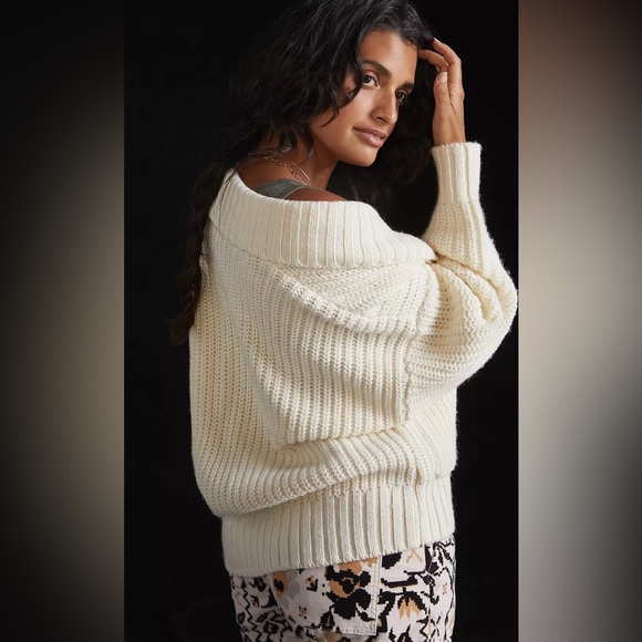Anthropologie Deep-V Cardigan Sweater Wool Blend In Ivory Size L - Picture 1 of 12
